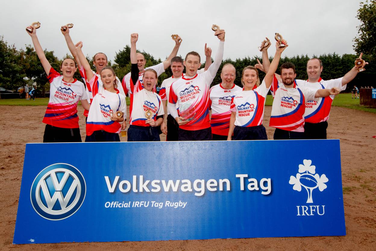 Volkswagen Tag Rugby Finals, Corinthians RFC, Galway 27/7/2018 Galway Mountain Rescue celebrate winning the Beginners Championship Div 2 Cup Final Mandatory Credit ©INPHO/James Crombie