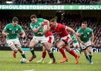 2020 Guinness Six Nations Championship Round 2, Aviva Stadium, Lansdowne Rd, Co. Dublin 8/2/2020 Ireland vs Wales Ireland's Jacob Stockdale and George North of Wales compete for a ball on the ground Mandatory Credit ©INPHO/Dan Sheridan