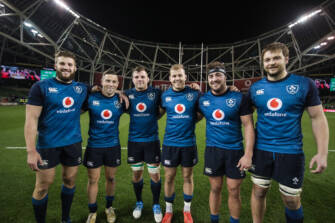 Ireland’s Ulster players Stuart McCloskey, John Cooney, Jordi Murphy, Will Addison, Rob Herring and Iain Henderson after the match 24/11/2018