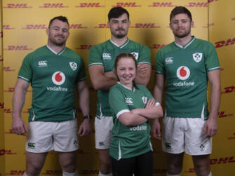 Emily Irwin with Cian Healy, Max Deegan and Ross Byrne