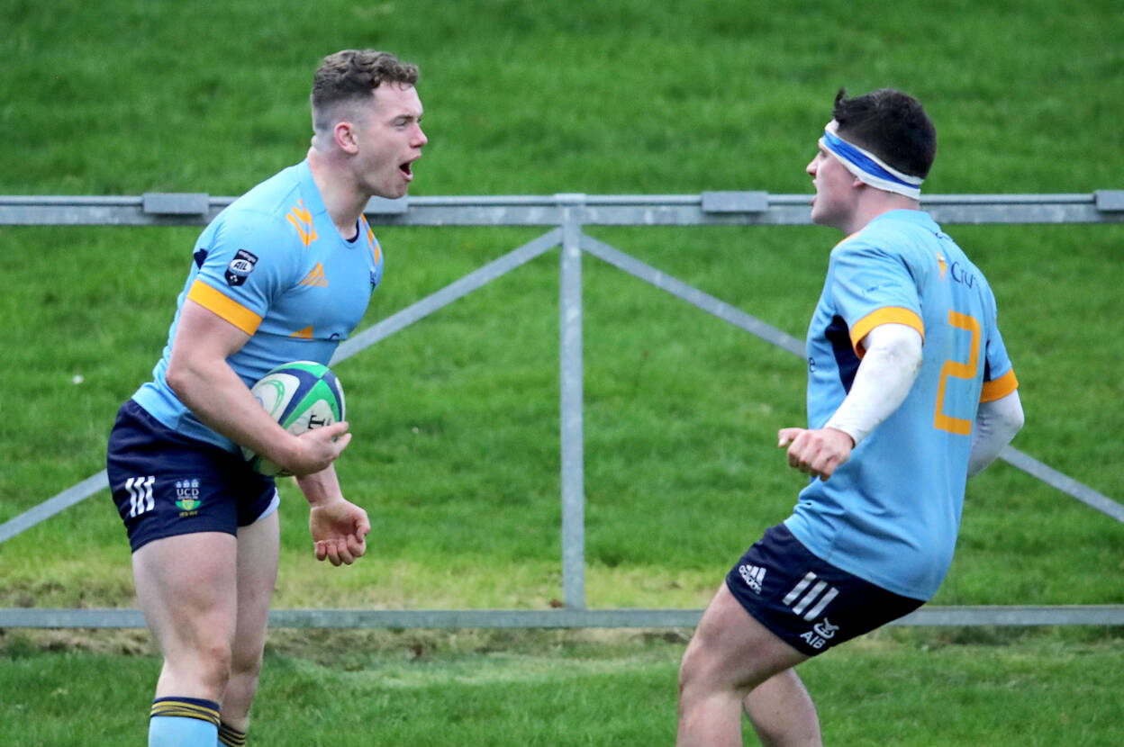 Energia All-Ireland League Division 1A, University College Dublin Rugby Football Club, Belfield, Co. Dublin 25/1/2020 UCD vs Cork Constitution UCD’s Josh O'Connor celebrates scoring a try with Richie Bergen Mandatory Cedit ©INPHO/Bryan Keane