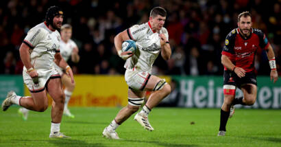 Try scorer Nick Timoney makes a break for Ulster, with support from fellow forward Tom O'Toole ©INPHO/Ryan Byrne