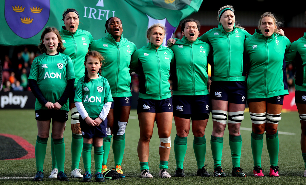 Nichola Friday, Linda Djougang. Neve Jones, Christy Haney, Sam Monaghan and Dorothy Wall during the national anthem 1/4/2023