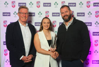 John McKee and Andy Farrell present the Energia All-Ireland League Women's Division Player Of The Year 2022/22 to Michelle Claffey 18/5/2023
