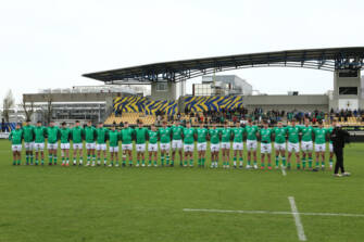 reland's team stands for the national anthem ahead of the 2024 Six Nations U18s Men's Festival Day 1 between Ireland vs France in the Stadio Lanfranchi, Parma, Italy Saturday , March 30, 2024 ( Photo by Federico Zovadelli/Actionpress)