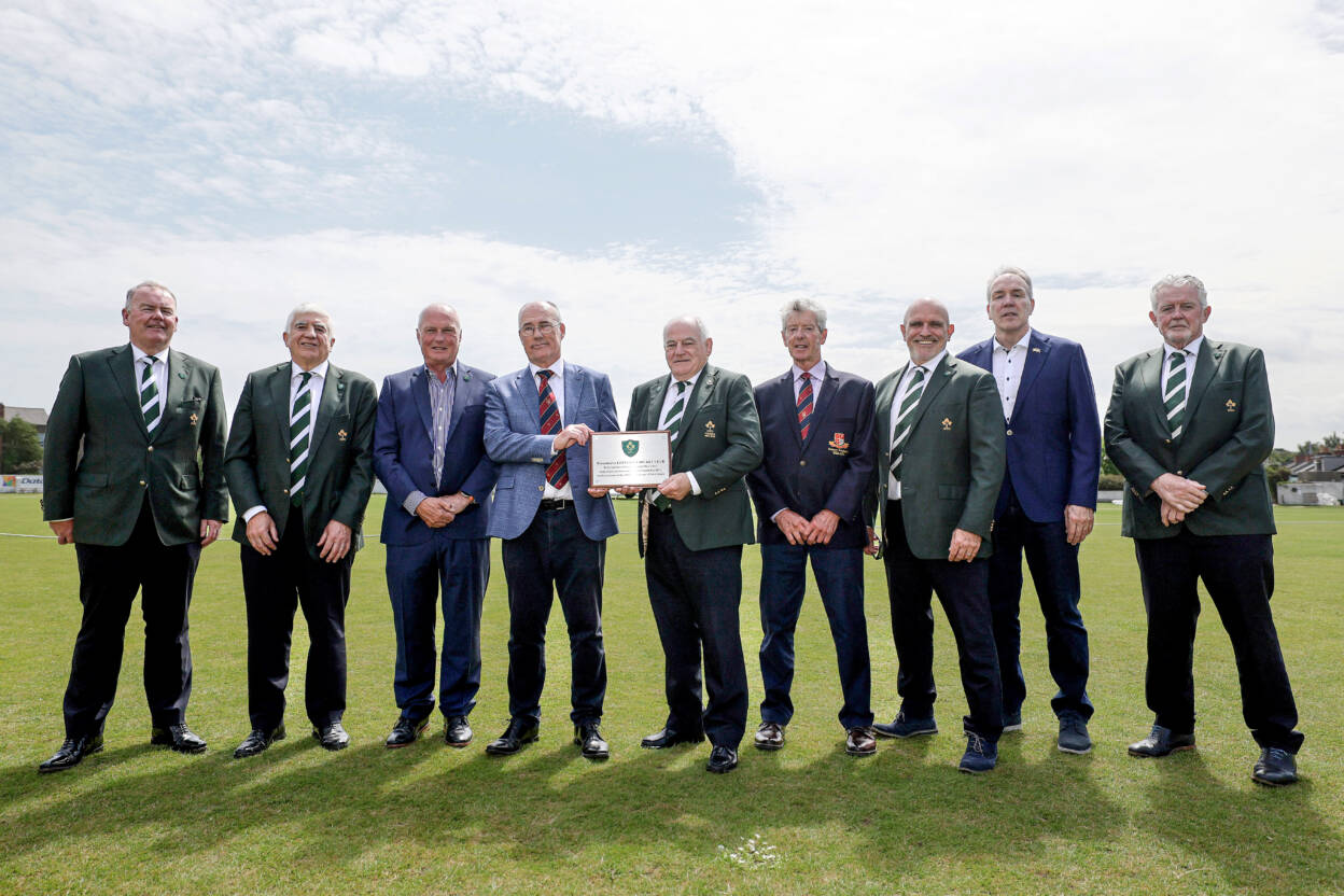 (l-r) Michael Collopy (IRFU), Tony O'Beirne (IRFU), Paul Dean (IRFU 150), Declan O'Brien (Leinster CC), Declan Madden (President, IRFU), Paul Delany (Leinster CC), Niall Rynne (IRFU), Kevin Potts (Chief Executive IRFU), Robert Deacon (IRFU) at Leinster CC