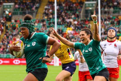 Amee-Leigh Costigan celebrates as Grace Moore runs in to score her sides fifth try of the match 31/8/2025