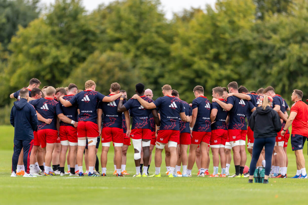 The Munster Men's squad huddle together during a training session at the University of Limerick earlier this week ©INPHO/Morgan Treacy