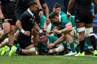 Tadhg Furlong celebrates his try with team mate Jack Conan 1/11/2025