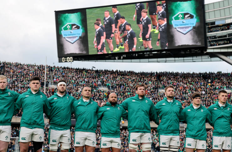 Jamie Osborne, Dan Sheehan, Caelan Doris, James Lowe, Jamison Gibson-Park and Ryan Baird, Iain Henderson, Josh van der Flier and Sam Prendergast face the New Zealand Haka 1/11/2025