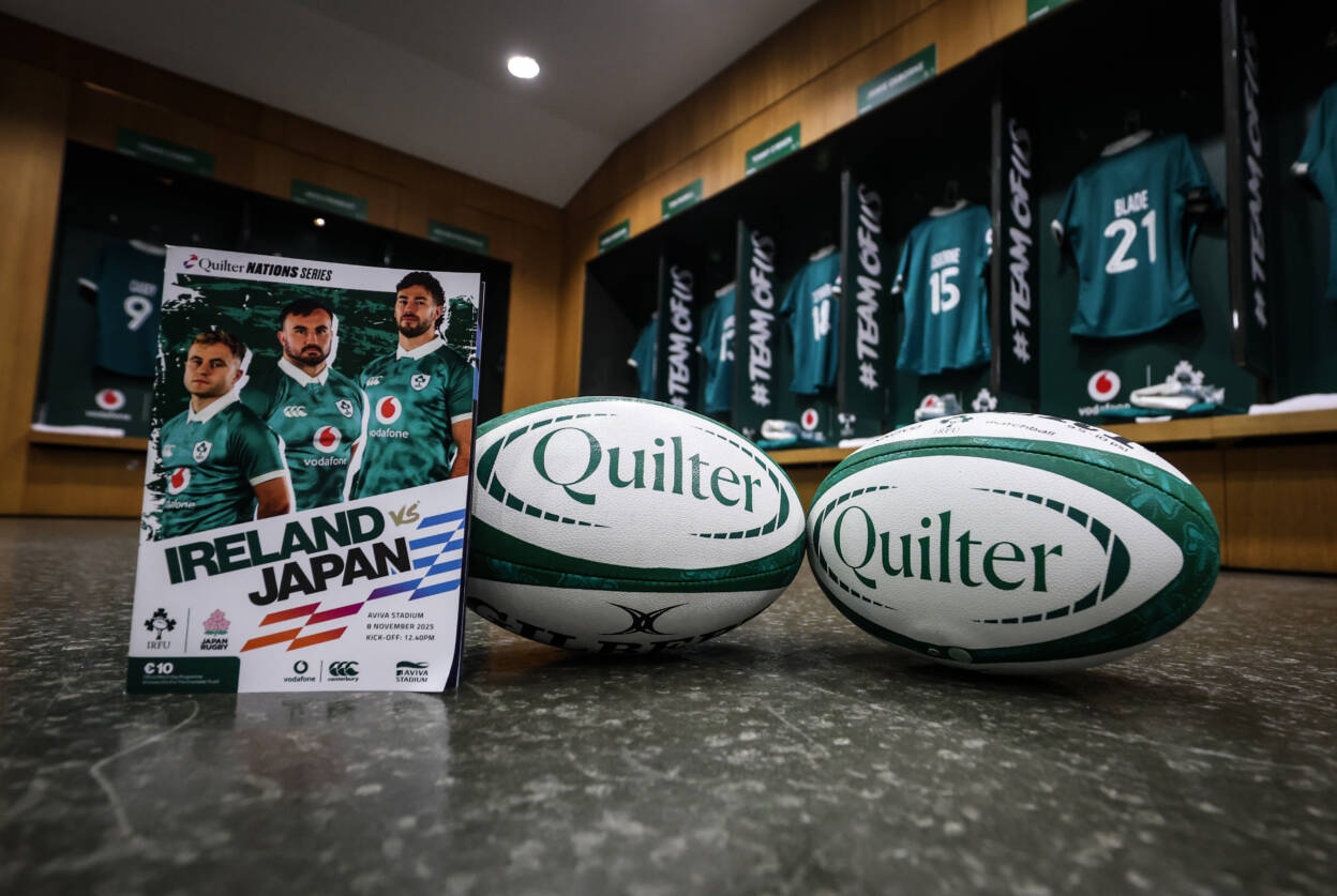 A view of Quilter branded match balls and programme in the Irish dressing room ahead of the match 8/11/2025