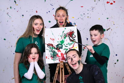 Anna McGann and Eve Higgins with Alana, Isla and Peter to launch the jersey design competition Photo by David Fitzgerald/Sportsfile