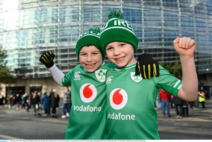 Ireland supporters Ben Hunter, left, age nine, and his brother Luke Hunter, age seven, from Carrickfergus in Antrim Photo by Sam Barnes/Sportsfile