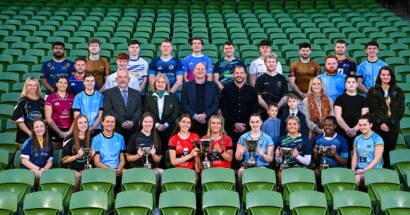 15 January 2026; Attendees, including players, IRFC and Student Sport Ireland representatives, and family members of Brendan Johnston family, during the IRFU/Student Sport Ireland Cup Launch at the Aviva Stadium in Dublin. Photo by Seb Daly/Sportsfile