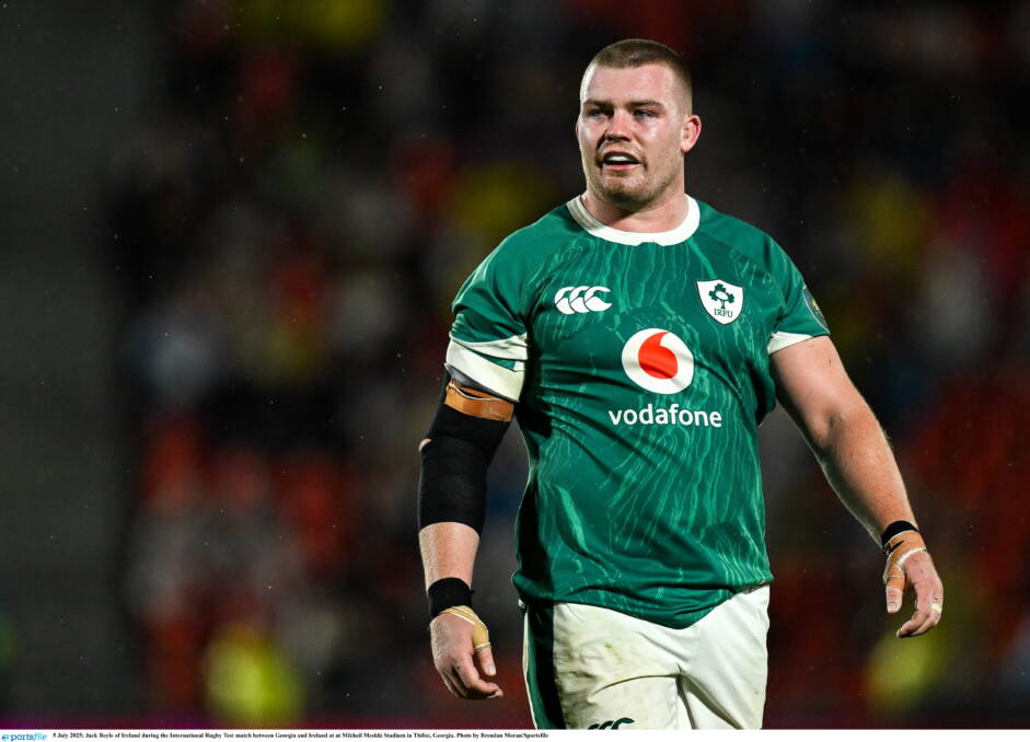 5 July 2025; Jack Boyle of Ireland during the International Rugby Test match between Georgia and Ireland at at Mikheil Meskhi Stadium in Tbilisi, Georgia. Photo by Brendan Moran/Sportsfile