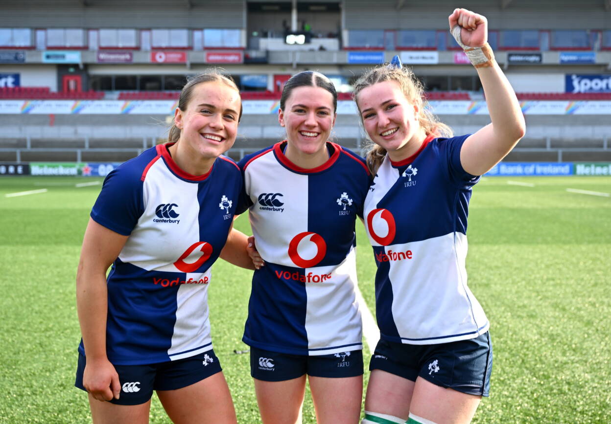 18 January 2026; Wolfhounds players, from left, Robyn O'Connor, Jade Gaffney and Aoife Corcoran celebrate after their side's victory in the Celtic Challenge Round 4 match between Wolfhounds and Brython Thunder at the Affidea Stadium in Belfast. Photo by Shauna Clinton/Sportsfile