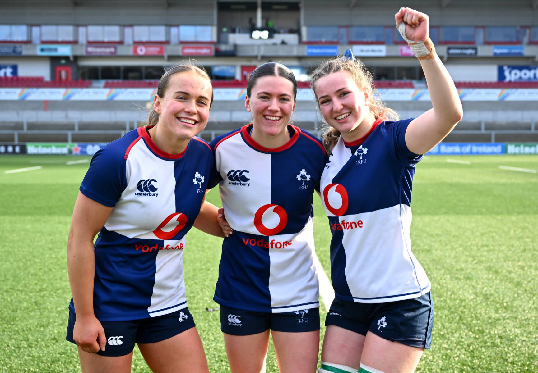 18 January 2026; Wolfhounds players, from left, Robyn O'Connor, Jade Gaffney and Aoife Corcoran celebrate after their side's victory in the Celtic Challenge Round 4 match between Wolfhounds and Brython Thunder at the Affidea Stadium in Belfast. Photo by Shauna Clinton/Sportsfile