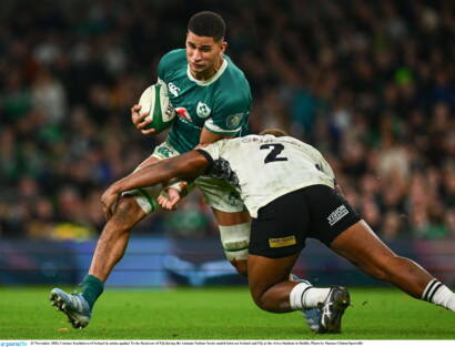 23 November 2024; Cormac Izuchukwu of Ireland in action against Tevita Ikanivere of Fiji during the Autumn Nations Series match between Ireland and Fiji at the Aviva Stadium in Dublin. Photo by Shauna Clinton/Sportsfile