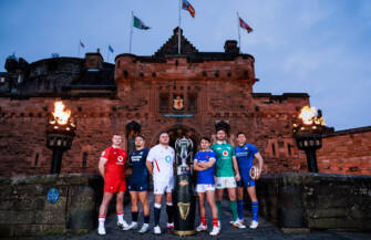 2026 Guinness Men’s Six Nations launch, Edinburgh, Scotland 26/1/2026 Pictured (L to R) is Wales’ Dewi Lake, Scotland's Sione Tuipulotu, England's Jamie George, France's Antoine Dupont, Ireland's Caelan Doris and Italy’s Michele Lamaro at Edinburgh Castle, to celebrate the start of the Championship, in the city that gave birth to international rugby Mandatory Credit ©INPHO/Billy Stickland