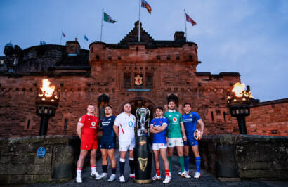 2026 Guinness Men’s Six Nations launch, Edinburgh, Scotland 26/1/2026 Pictured (L to R) is Wales’ Dewi Lake, Scotland's Sione Tuipulotu, England's Jamie George, France's Antoine Dupont, Ireland's Caelan Doris and Italy’s Michele Lamaro at Edinburgh Castle, to celebrate the start of the Championship, in the city that gave birth to international rugby Mandatory Credit ©INPHO/Billy Stickland