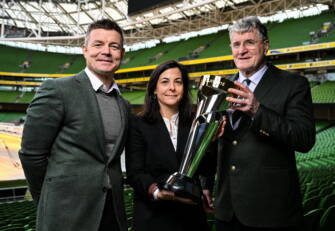 Former Ireland captain Brian O'Driscoll, Ambassador of France to Ireland H.E. Ms Céline Place and IRFU president John O'Driscoll. Photo by Brendan Moran/Sportsfile