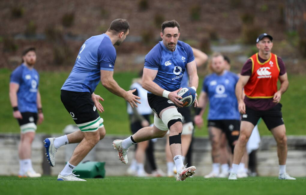 1 February 2026; Jack Conan, right, and Tadhg Beirne during an Ireland Rugby squad training session at The Campus in Quinta do Lago, Portugal. Photo by Brendan Moran/Sportsfile