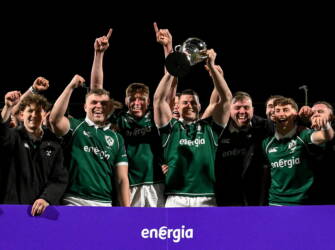 13 February 2026; Ireland captain Jack Kelleher lifts the Dalriada cup after the international clubs Dal Riada Cup match between Ireland and Scotland at Energia Park in Dublin. Photo by Brendan Moran/Sportsfile
