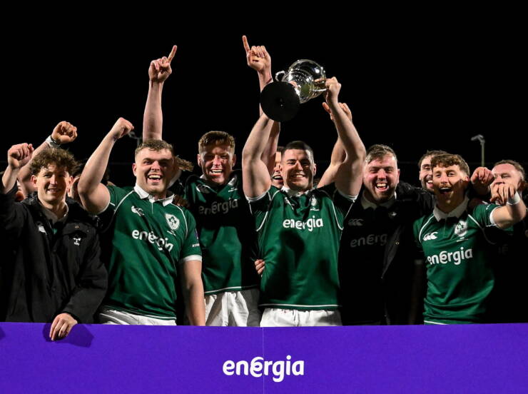 13 February 2026; Ireland captain Jack Kelleher lifts the Dalriada cup after the international clubs Dal Riada Cup match between Ireland and Scotland at Energia Park in Dublin. Photo by Brendan Moran/Sportsfile