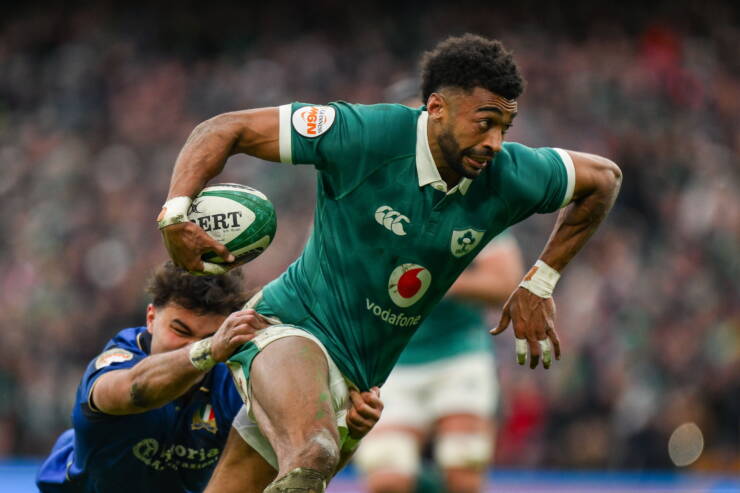 14 February 2026; Robert Baloucoune of Ireland in action against Lorenzo Pani of Italy during the Guinness 6 Nations Rugby Championship match between Ireland and Italy at the Aviva Stadium in Dublin. Photo by Brendan Moran/Sportsfile