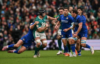 14 February 2026; Caelan Doris of Ireland is tackled by Leonardo Marin of Italy during the Guinness 6 Nations Rugby Championship match between Ireland and Italy at the Aviva Stadium in Dublin. Photo by Ramsey Cardy/Sportsfile
