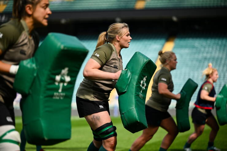 10 April 2026; Dorothy Wall, centre, with team-mates, from left, Erin King, Cliodhna Moloney MacDonald and Neve Jones during an Ireland Women's Rugby captain's run at the Allianz Stadium in Twickenham, England. Photo by Shauna Clinton/Sportsfile