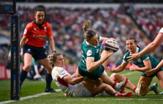 11 April 2026; Anna McGann of Ireland scores her side's first try during the Women's Six Nations Rugby Championship match between England and Ireland at Allianz Stadium in Twickenham, England. Photo by Shauna Clinton/Sportsfile