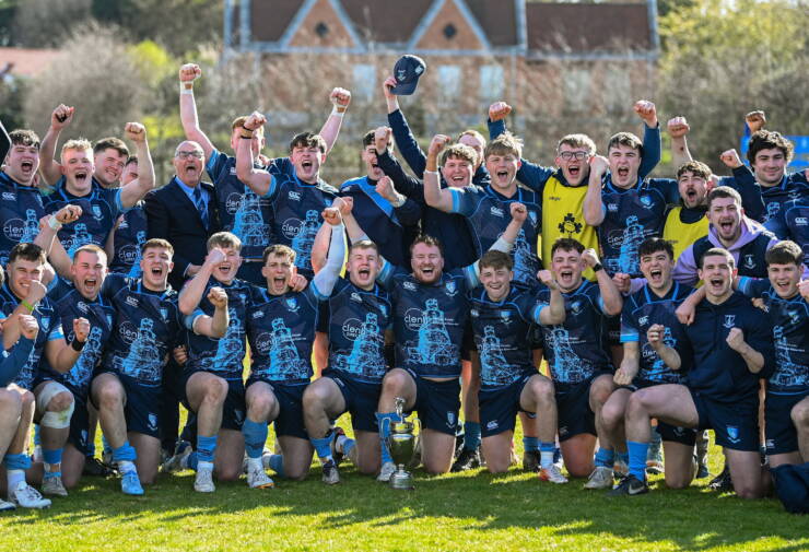 11 April 2026; MU Barnhall players celebrate with the Fraser McMullen Cup following during the Fraser McMullen Cup Final match between UCD and MU Barnhall at Wanderers FC in Dublin. Photo by Stephen McCarthy/Sportsfile