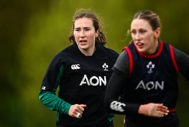 Eve Higgins, left, and Anna McGann during an Ireland Women's Rugby squad training session at the IRFU High Performance Centre in Dublin. Photo by Shauna Clinton/Sportsfile