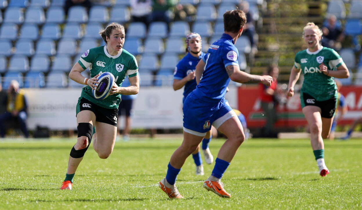 Eve Higgins carries the ball forward for Ireland against Italy during the 2025 Women's Six Nations