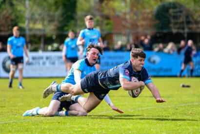 MU Barnhall full-back Neil Byrne goes over the try-line against UCD in the Fraser McMullen Cup final
