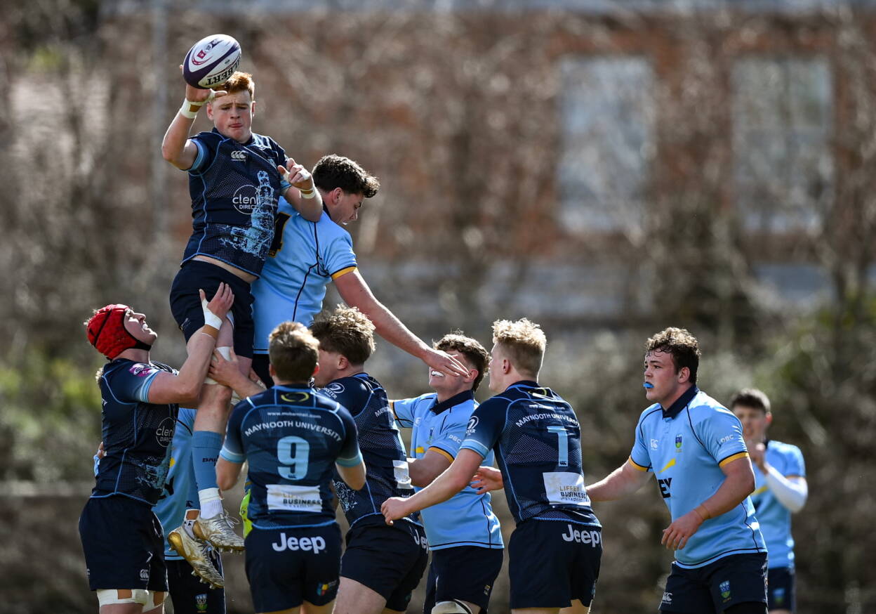 Finn Leach secures lineout possession for MU Barnhall during th Fraser McMullen Cup final