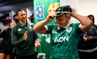 Cliodhna Moloney MacDonald of Ireland is presented with her 50th cap by Ireland head coach Scott Bemand after the Women's Six Nations Rugby Championship match between England and Ireland at Allianz Stadium in Twickenham, England. Photo by Shauna Clinton/Sportsfile