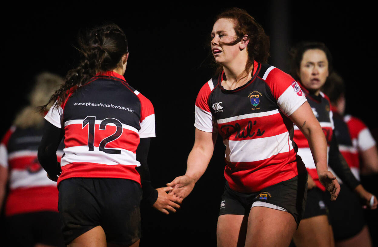 Wicklow try scorer Robyn Johnston is congratulated by Caoimhe Molloy