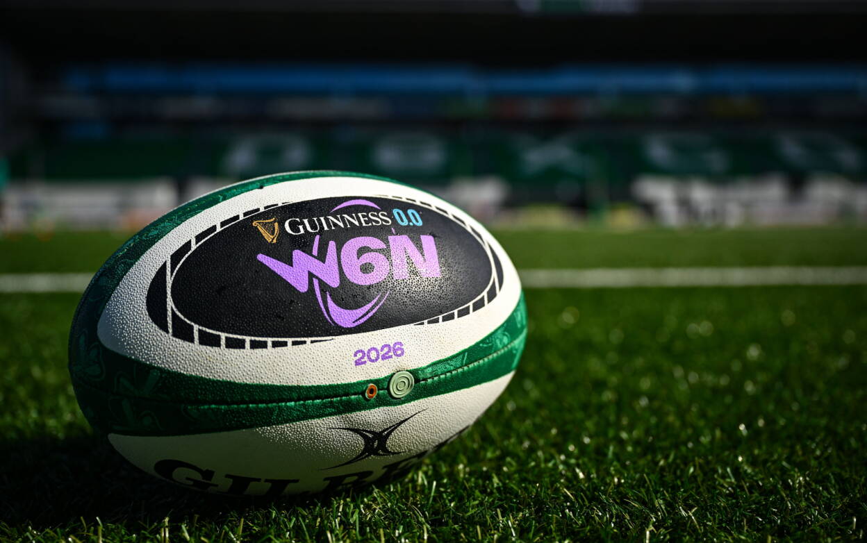 A view of a Guinness Women's Six Nations ball at on the Dexcom Stadium pitch