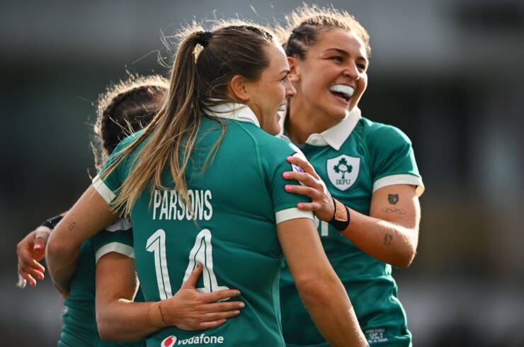 18 April 2026; Béibhinn Parsons Ireland celebrates with teammates after scoring their side's fifth try during the Women's Six Nations Rugby Championship match between Ireland and Italy at Dexcom Stadium in Galway. Photo by Shauna Clinton/Sportsfile