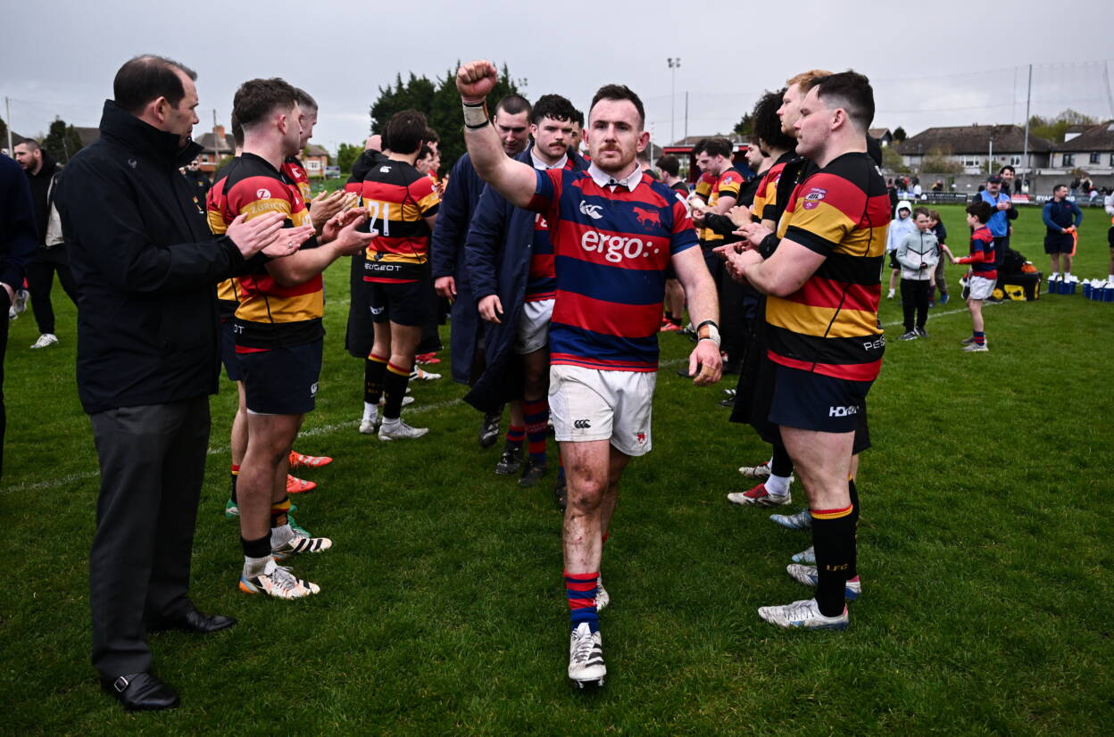Clontarf's try-scoring captain Dylan Donnellan celebrates after the game