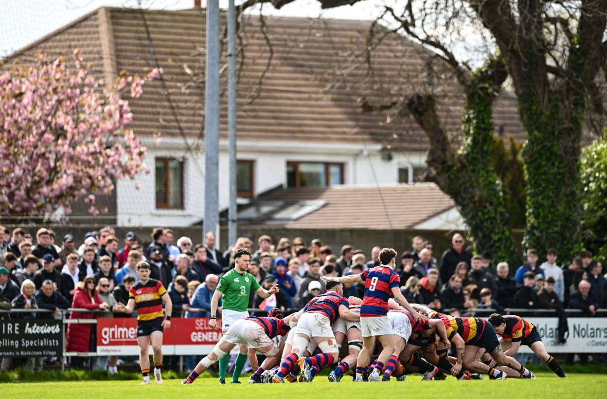 A view of a scrum between semi-final opponents Clontarf and Lansdowne