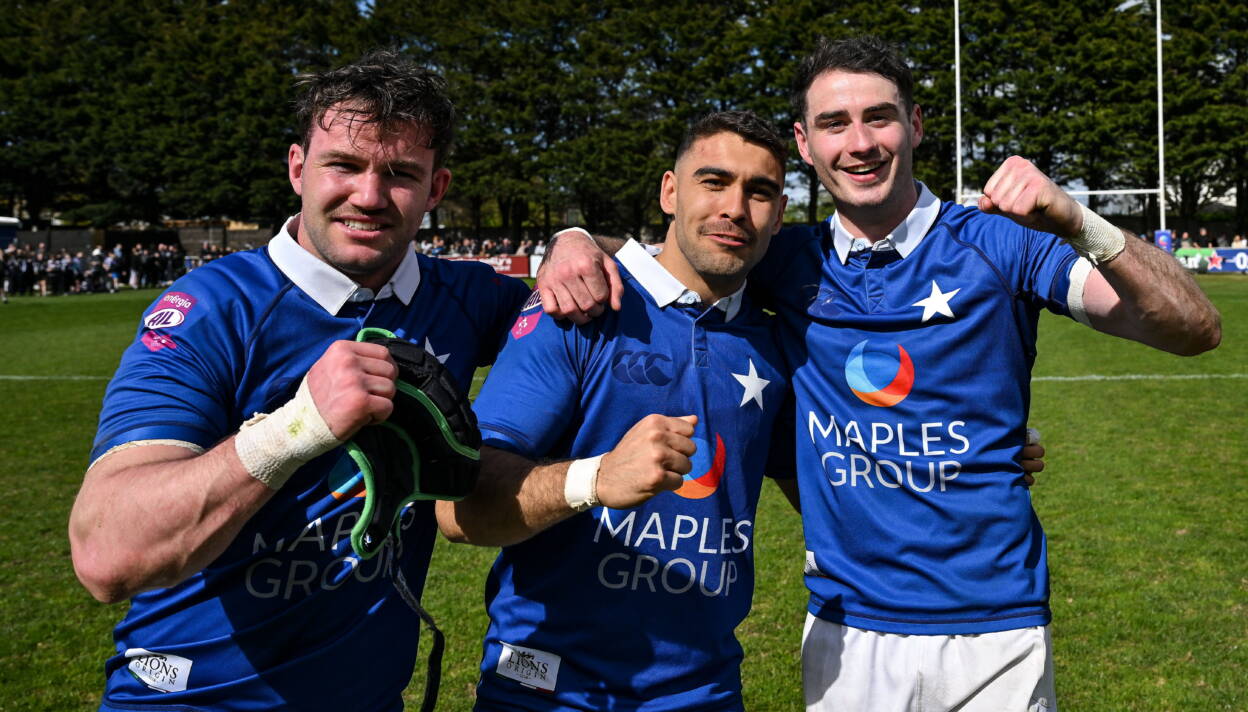 Finn Burke, Leandro Ramirez, and Ruairi Shields celebrate the semi-final win for St. Mary's