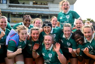 18 April 2026; Ireland players celebrate after the Women's U21 Six Nations Series match between Ireland and Italy at Dexcom Stadium in Galway. Photo by Shauna Clinton/Sportsfile