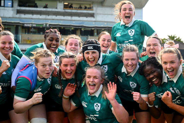 18 April 2026; Ireland players celebrate after the Women's U21 Six Nations Series match between Ireland and Italy at Dexcom Stadium in Galway. Photo by Shauna Clinton/Sportsfile