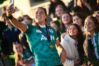 18 April 2026; Béibhinn Parsons Ireland with supporters after the Women's Six Nations Rugby Championship match between Ireland and Italy at Dexcom Stadium in Galway. Photo by Shauna Clinton/Sportsfile