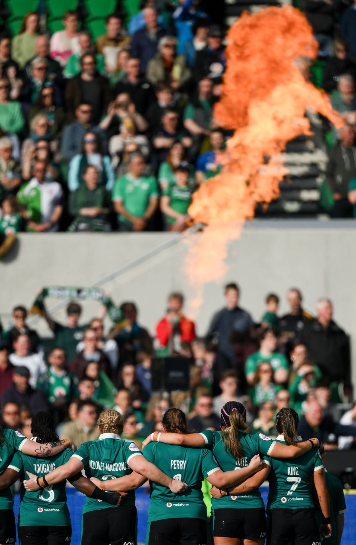The Ireland players face the Clan Stand at anthem time