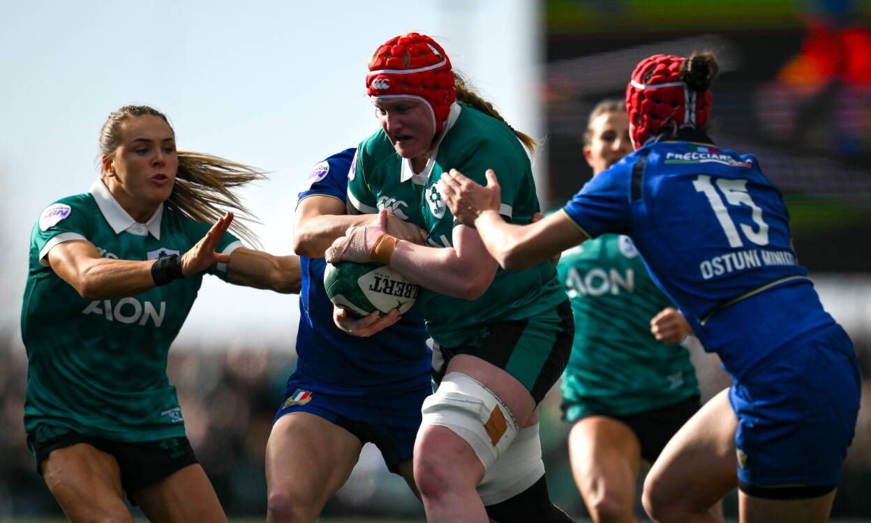 Try-scoring number 8 Aoife Wafer drives forward for Ireland against Italy