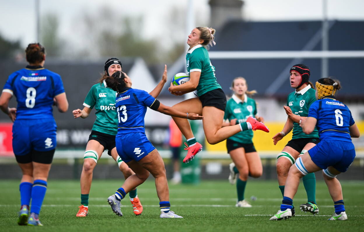 Ireland Under-21 captain Lucia Linn wins a high ball against Italy